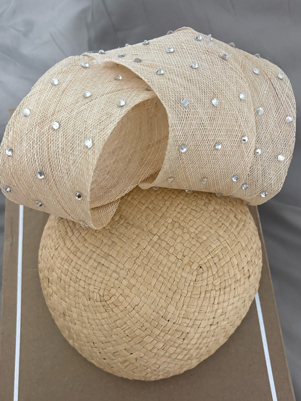 Harriet Rosebud Neutral Straw Bow Hat with Clear Accent Stones